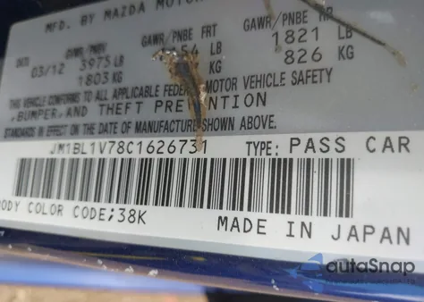 2012 Mazda Mazda3 I Touring z USA, uszkodzony, nr VIN JM1BL1V78C1626731